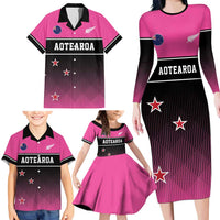 Custom New Zealand Women Cricket Family Matching Long Sleeve Bodycon Dress and Hawaiian Shirt Pink Simple Style LT05 - Polynesian Pride