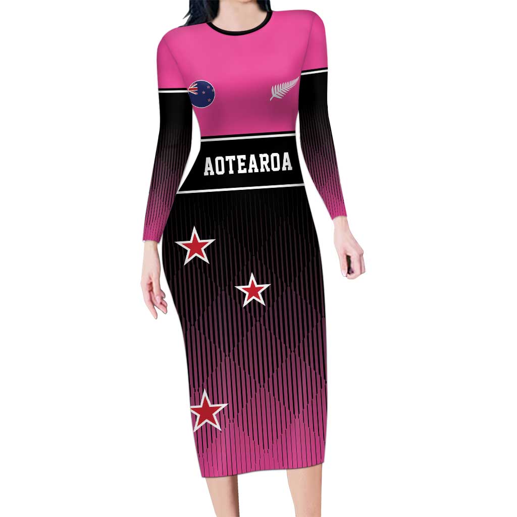 Custom New Zealand Women Cricket Family Matching Long Sleeve Bodycon Dress and Hawaiian Shirt Pink Simple Style LT05 Mom's Dress Pink - Polynesian Pride