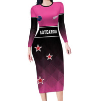 Custom New Zealand Women Cricket Family Matching Long Sleeve Bodycon Dress and Hawaiian Shirt Pink Simple Style LT05 Mom's Dress Pink - Polynesian Pride