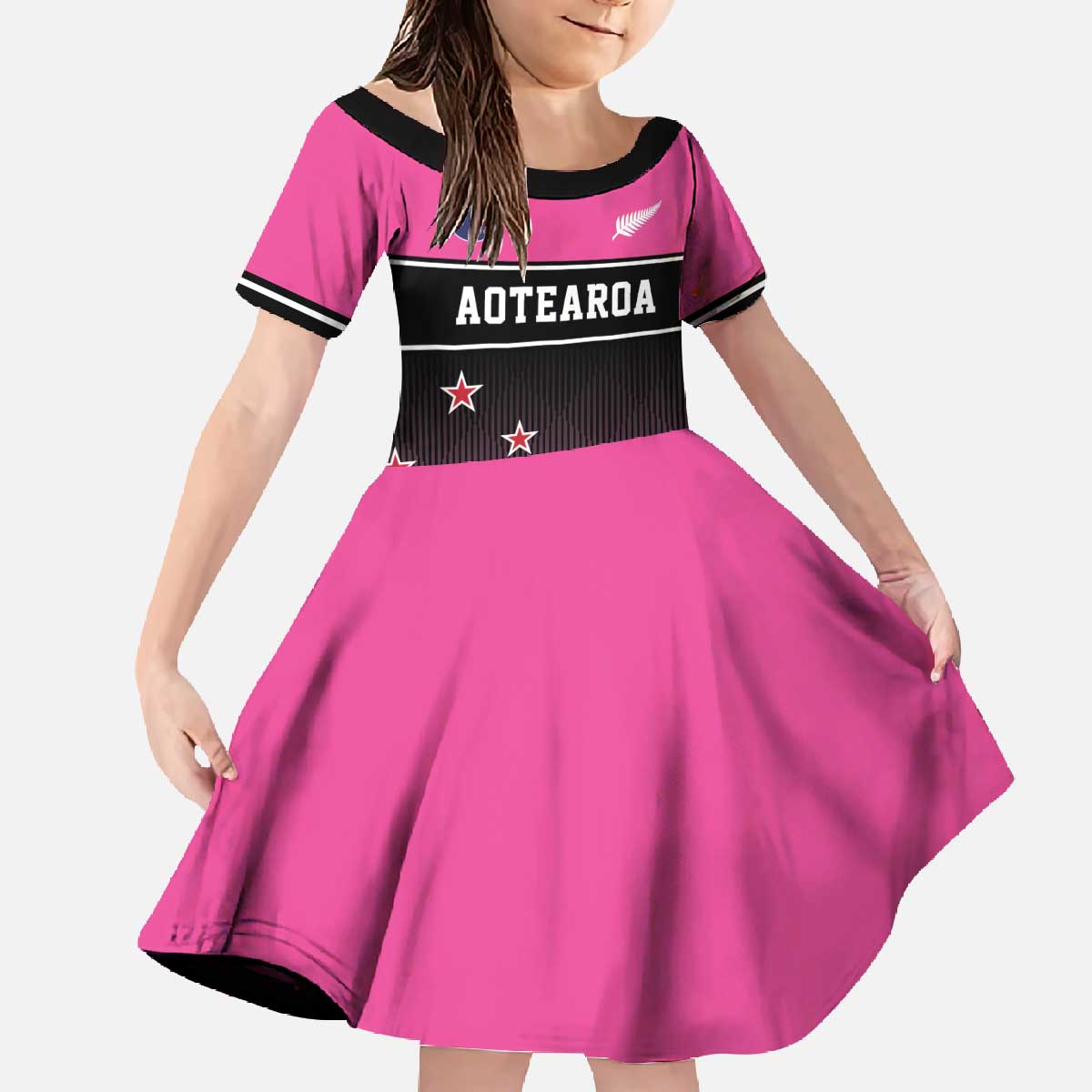Custom New Zealand Women Cricket Family Matching Off The Shoulder Long Sleeve Dress and Hawaiian Shirt Pink Simple Style LT05 Daughter's Dress Pink - Polynesian Pride