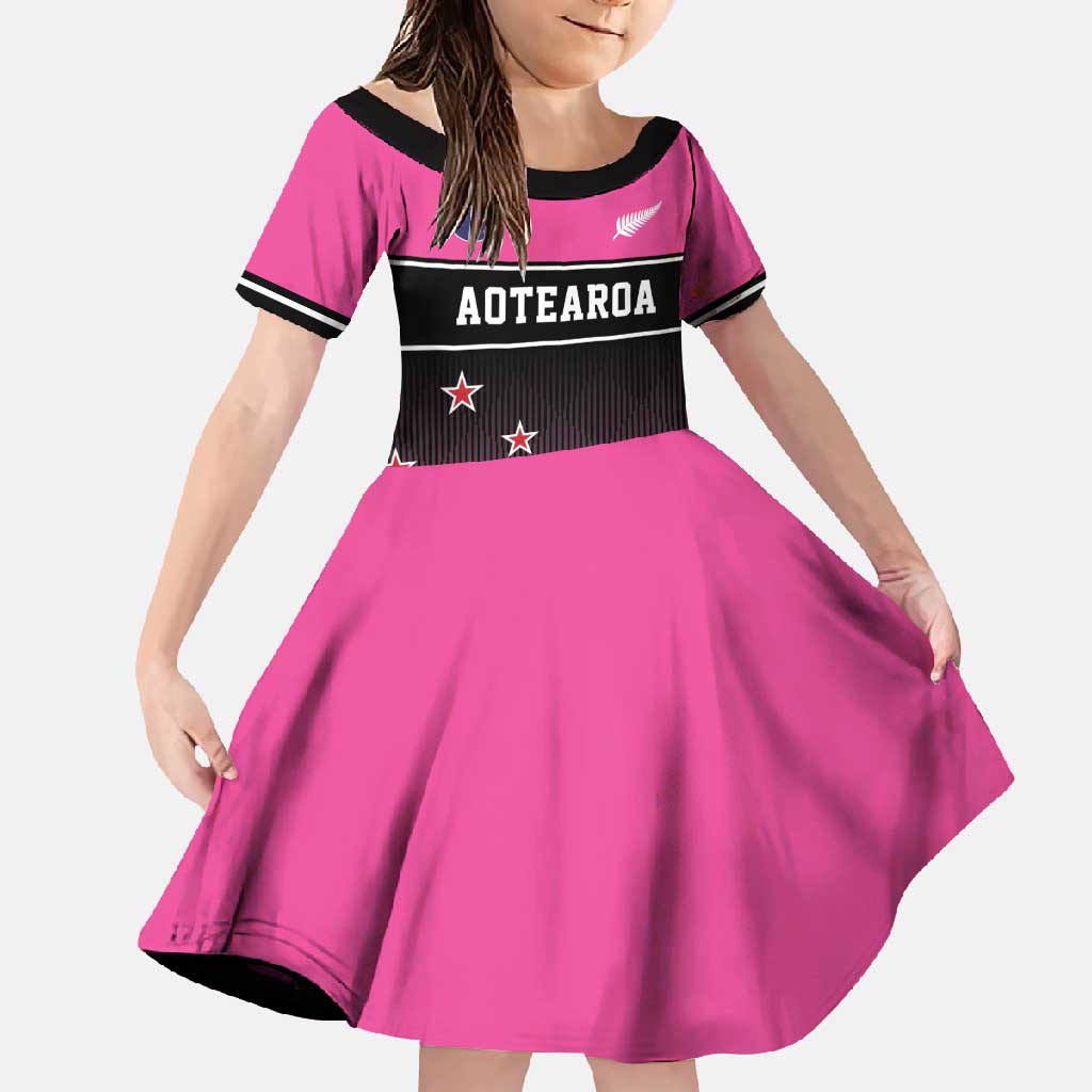 Custom New Zealand Women Cricket Family Matching Off Shoulder Maxi Dress and Hawaiian Shirt Pink Simple Style LT05 Daughter's Dress Pink - Polynesian Pride