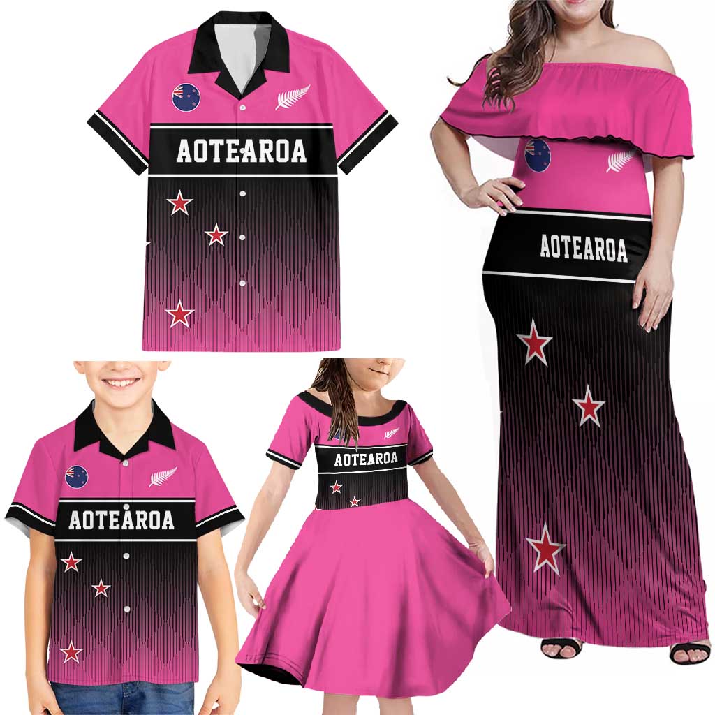 Custom New Zealand Women Cricket Family Matching Off Shoulder Maxi Dress and Hawaiian Shirt Pink Simple Style LT05 - Polynesian Pride