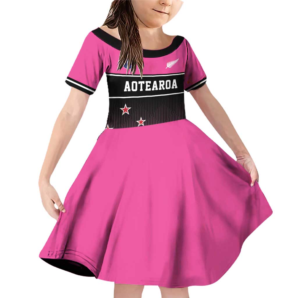 Custom New Zealand Women Cricket Family Matching Off Shoulder Short Dress and Hawaiian Shirt Pink Simple Style LT05 Daughter's Dress Pink - Polynesian Pride