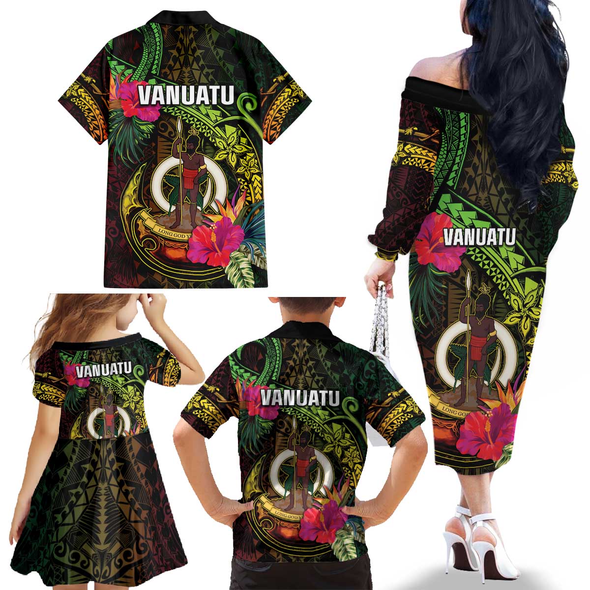 Vanuatu Family Matching Off The Shoulder Long Sleeve Dress and Hawaiian Shirt Be Strong Pray For Port Vila LT05 - Polynesian Pride