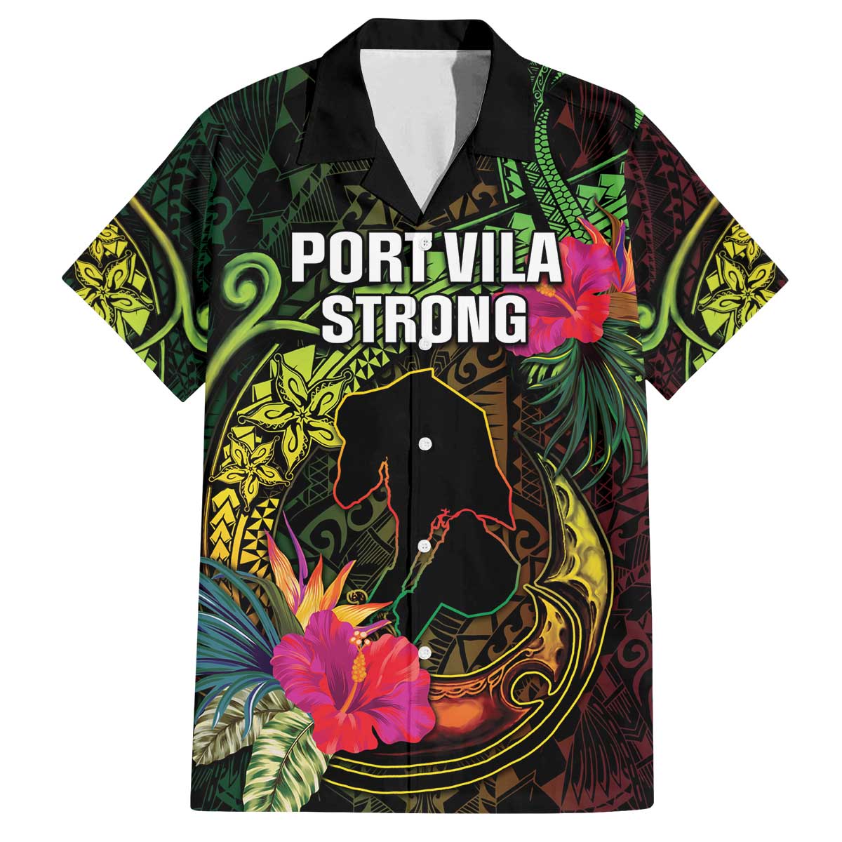 Vanuatu Family Matching Off The Shoulder Long Sleeve Dress and Hawaiian Shirt Be Strong Pray For Port Vila LT05 Dad's Shirt - Short Sleeve Black - Polynesian Pride