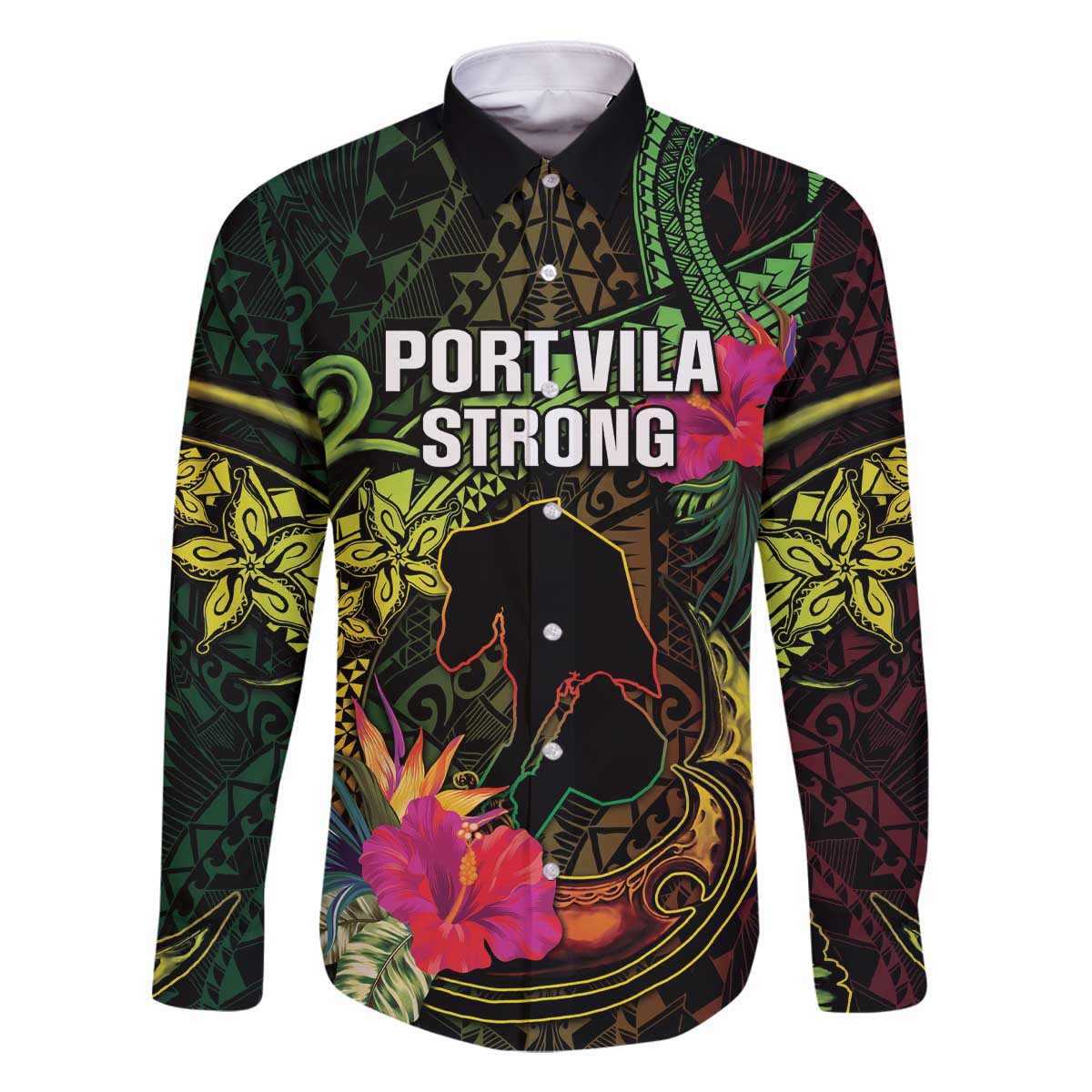 Vanuatu Family Matching Off The Shoulder Long Sleeve Dress and Hawaiian Shirt Be Strong Pray For Port Vila LT05 Dad's Shirt - Long Sleeve Black - Polynesian Pride