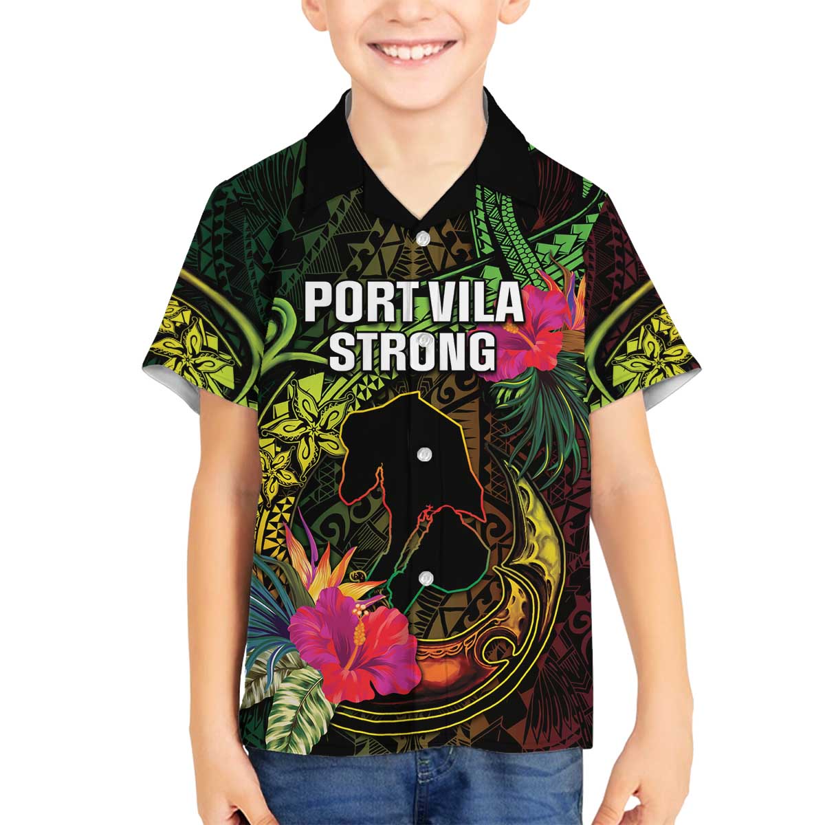 Vanuatu Family Matching Off The Shoulder Long Sleeve Dress and Hawaiian Shirt Be Strong Pray For Port Vila LT05 Son's Shirt Black - Polynesian Pride