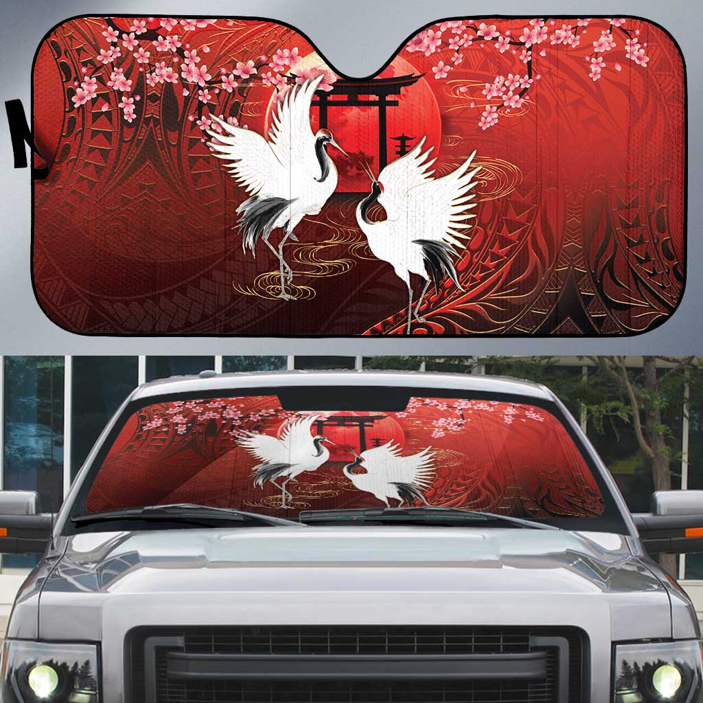 Hawaii and Japan Together Auto Sun Shade Polynesian Art Tattoo With Cranes And Sakura LT05 Red - Polynesian Pride