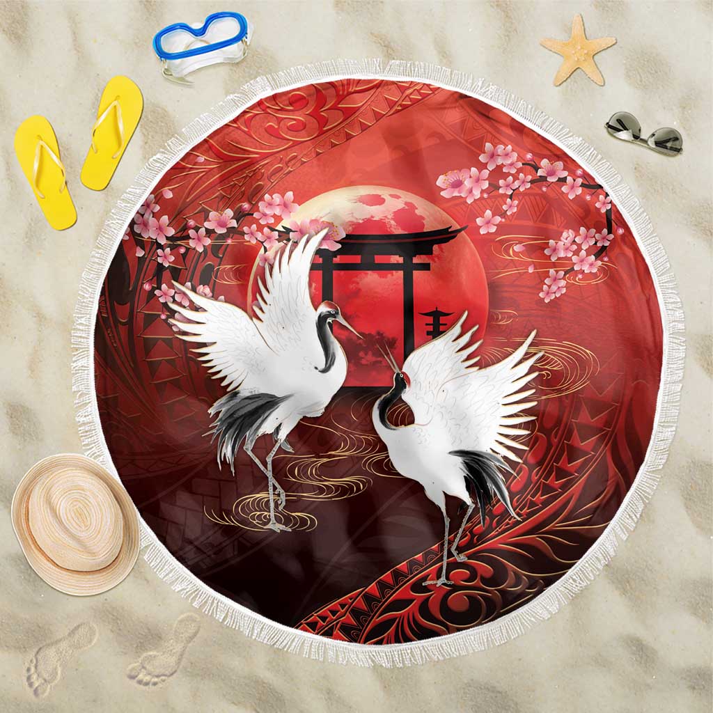Hawaii and Japan Together Beach Blanket Polynesian Art Tattoo With Cranes And Sakura LT05 One Size 150cm Red - Polynesian Pride