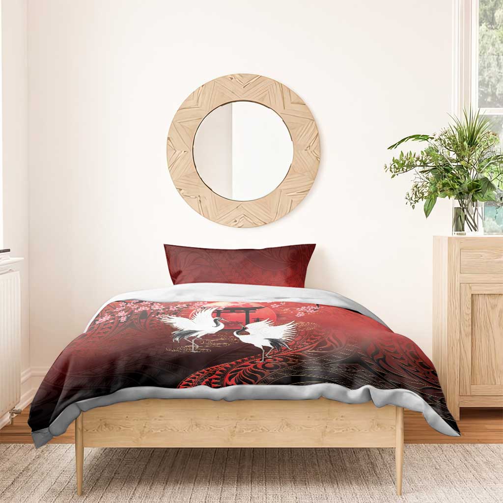 Hawaii and Japan Together Bedding Set Polynesian Art Tattoo With Cranes And Sakura - Polynesian Pride