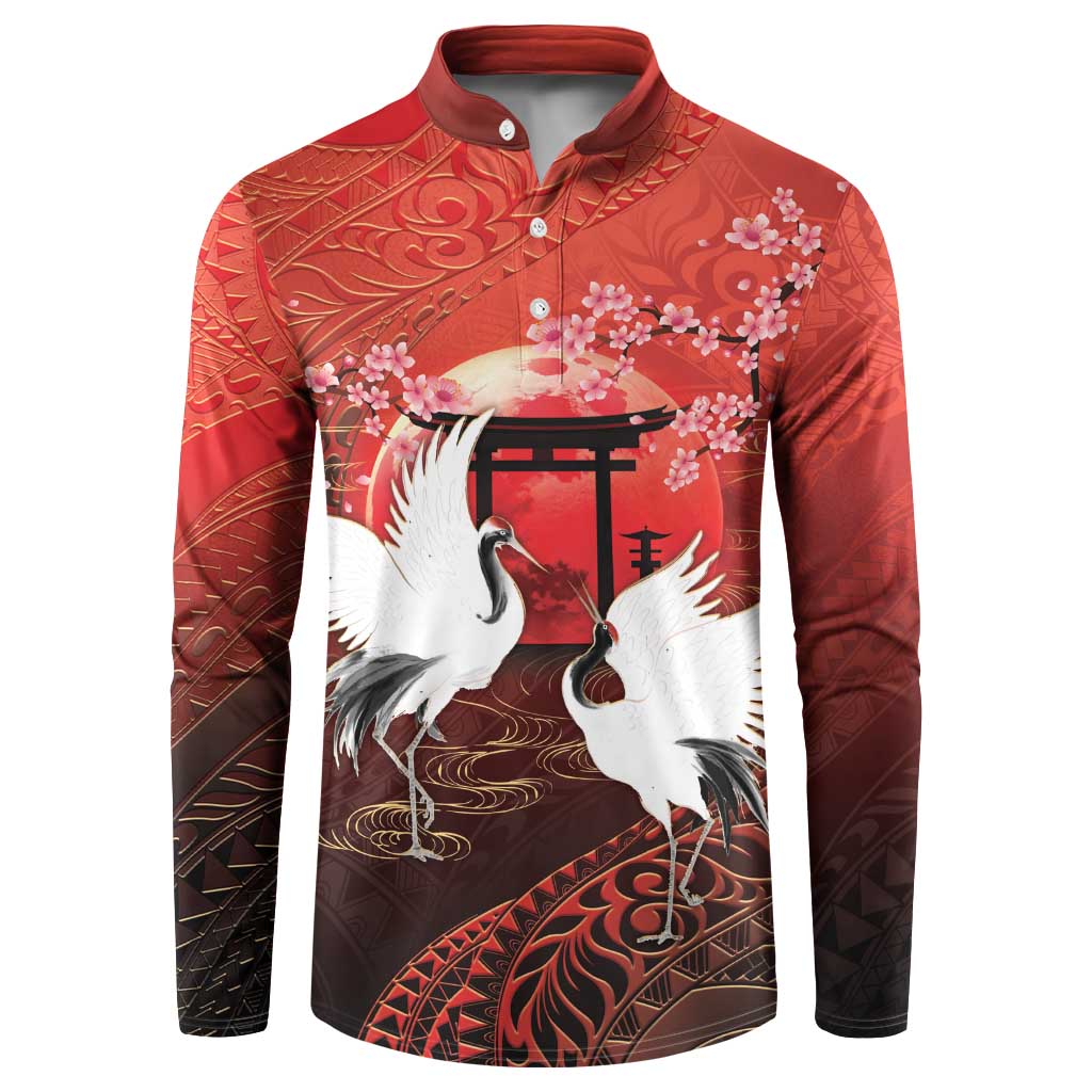 Hawaii and Japan Together Button Sweatshirt Polynesian Art Tattoo With Cranes And Sakura LT05 Red - Polynesian Pride