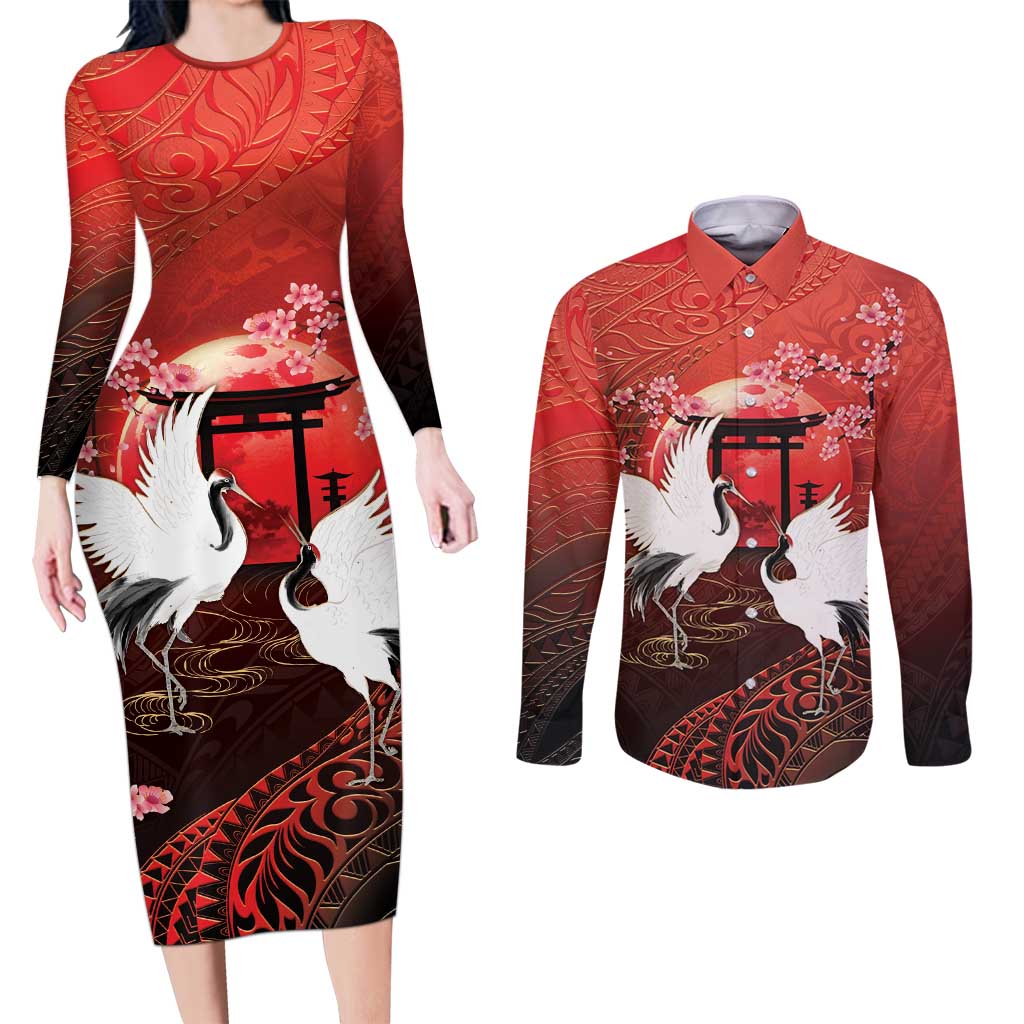 Hawaii and Japan Together Couples Matching Long Sleeve Bodycon Dress and Long Sleeve Button Shirt Polynesian Art Tattoo With Cranes And Sakura LT05 Red - Polynesian Pride