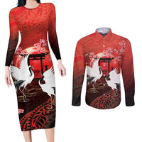 Hawaii and Japan Together Couples Matching Long Sleeve Bodycon Dress and Long Sleeve Button Shirt Polynesian Art Tattoo With Cranes And Sakura LT05 Red - Polynesian Pride