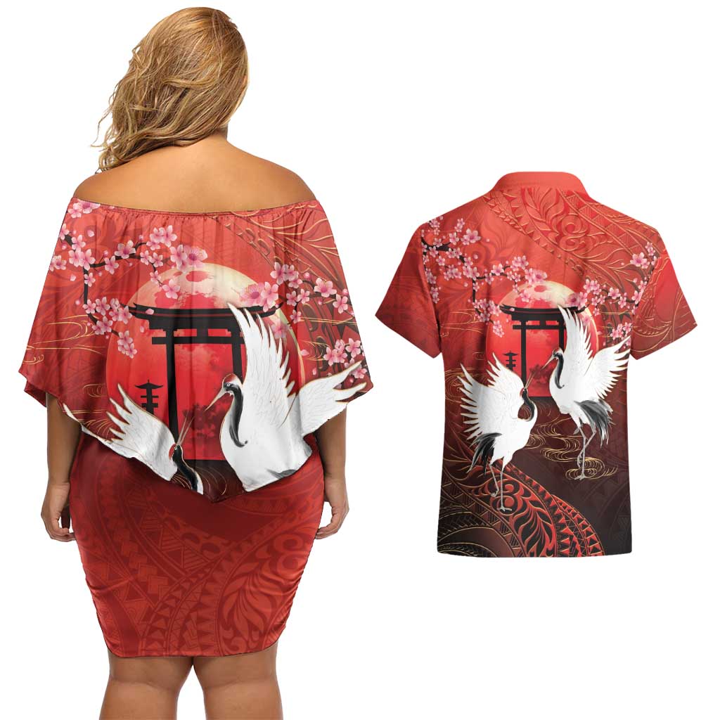 Hawaii and Japan Together Couples Matching Off Shoulder Short Dress and Hawaiian Shirt Polynesian Art Tattoo With Cranes And Sakura LT05 - Polynesian Pride