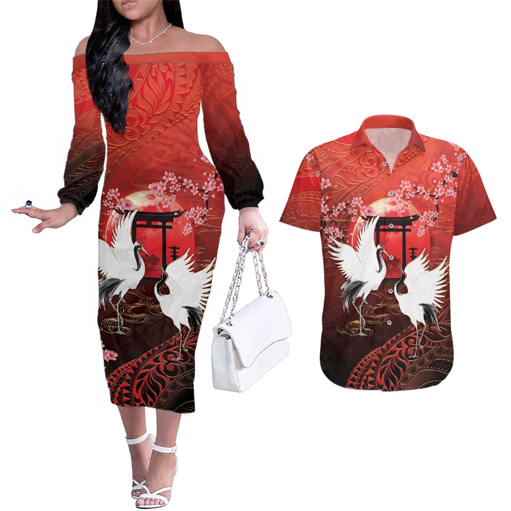 Hawaii and Japan Together Couples Matching Off The Shoulder Long Sleeve Dress and Hawaiian Shirt Polynesian Art Tattoo With Cranes And Sakura LT05 Red - Polynesian Pride