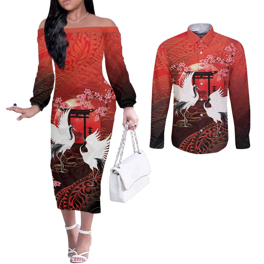 Hawaii and Japan Together Couples Matching Off The Shoulder Long Sleeve Dress and Long Sleeve Button Shirt Polynesian Art Tattoo With Cranes And Sakura LT05 Red - Polynesian Pride