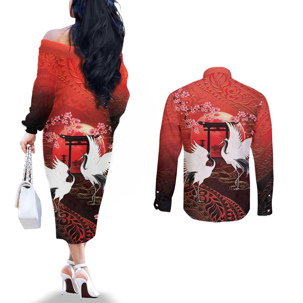 Hawaii and Japan Together Couples Matching Off The Shoulder Long Sleeve Dress and Long Sleeve Button Shirt Polynesian Art Tattoo With Cranes And Sakura LT05 - Polynesian Pride