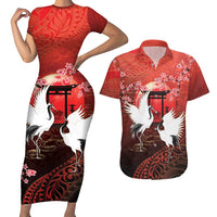 Hawaii and Japan Together Couples Matching Short Sleeve Bodycon Dress and Hawaiian Shirt Polynesian Art Tattoo With Cranes And Sakura LT05 Red - Polynesian Pride