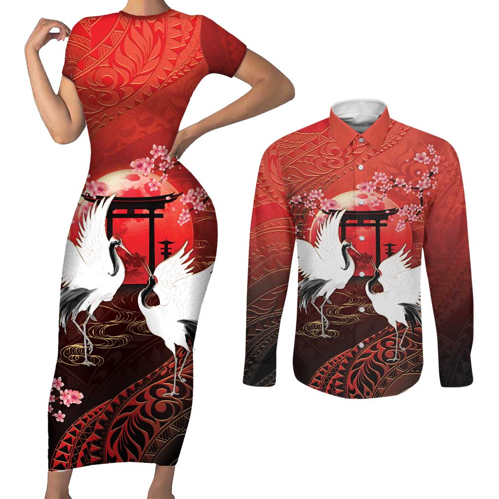 Hawaii and Japan Together Couples Matching Short Sleeve Bodycon Dress and Long Sleeve Button Shirt Polynesian Art Tattoo With Cranes And Sakura LT05 Red - Polynesian Pride
