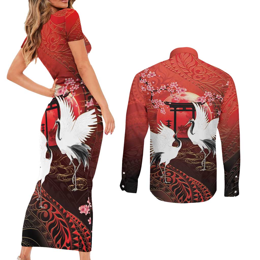 Hawaii and Japan Together Couples Matching Short Sleeve Bodycon Dress and Long Sleeve Button Shirt Polynesian Art Tattoo With Cranes And Sakura LT05 - Polynesian Pride
