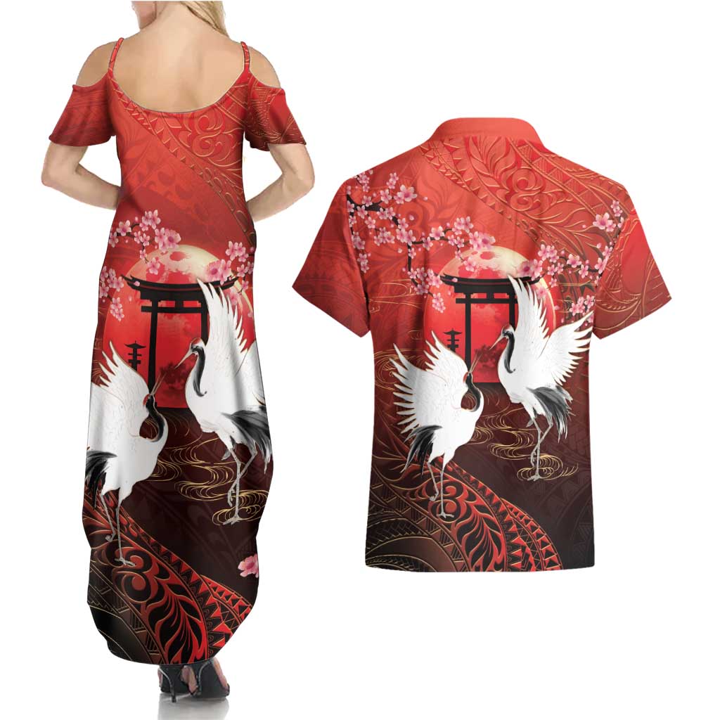 Hawaii and Japan Together Couples Matching Summer Maxi Dress and Hawaiian Shirt Polynesian Art Tattoo With Cranes And Sakura LT05 - Polynesian Pride