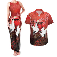 Hawaii and Japan Together Couples Matching Tank Maxi Dress and Hawaiian Shirt Polynesian Art Tattoo With Cranes And Sakura LT05 Red - Polynesian Pride