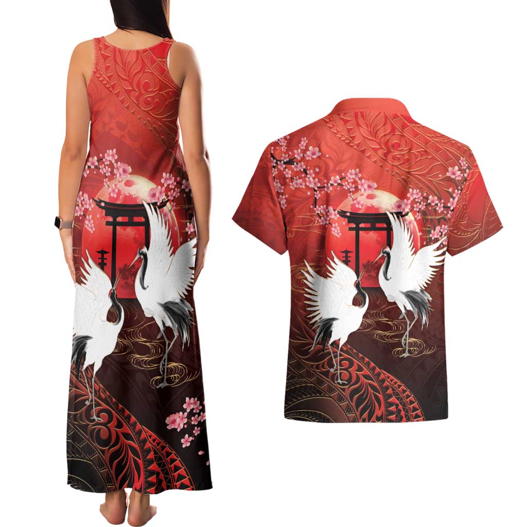 Hawaii and Japan Together Couples Matching Tank Maxi Dress and Hawaiian Shirt Polynesian Art Tattoo With Cranes And Sakura LT05 - Polynesian Pride