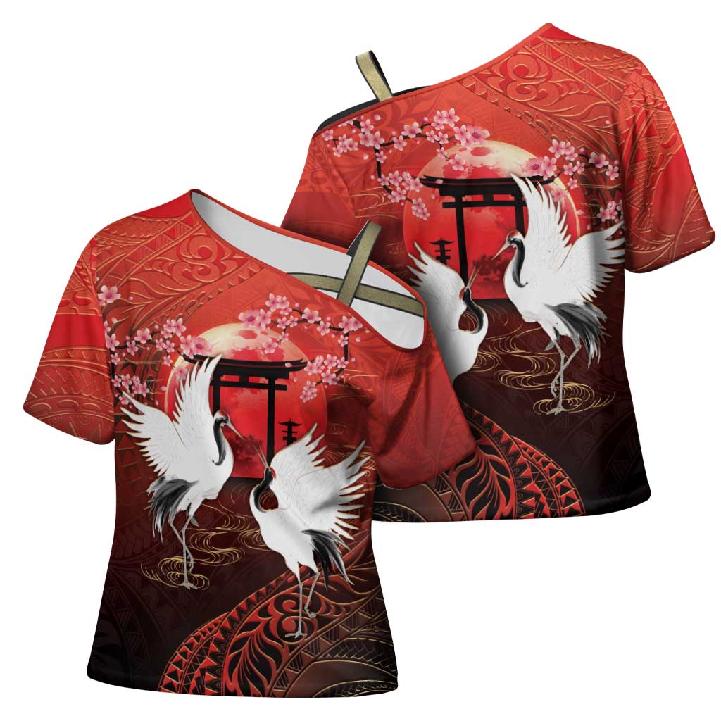 Hawaii and Japan Together Cross Shoulder Shirt Polynesian Art Tattoo With Cranes And Sakura - Polynesian Pride