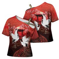 Hawaii and Japan Together Cross Shoulder Shirt Polynesian Art Tattoo With Cranes And Sakura - Polynesian Pride
