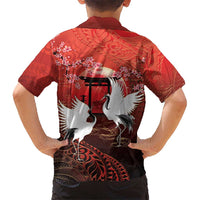 Hawaii and Japan Together Family Matching Long Sleeve Bodycon Dress and Hawaiian Shirt Polynesian Art Tattoo With Cranes And Sakura LT05 - Polynesian Pride