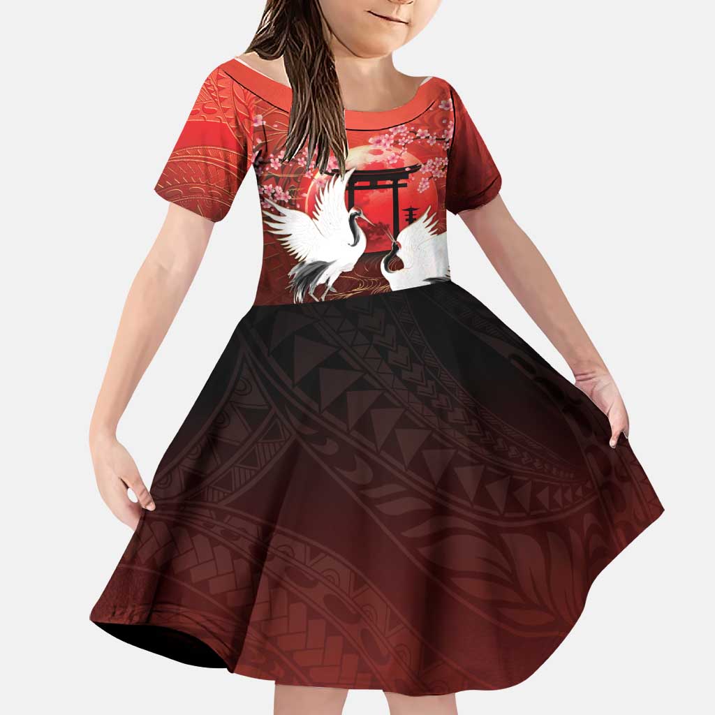 Hawaii and Japan Together Family Matching Long Sleeve Bodycon Dress and Hawaiian Shirt Polynesian Art Tattoo With Cranes And Sakura LT05 Daughter's Dress Red - Polynesian Pride