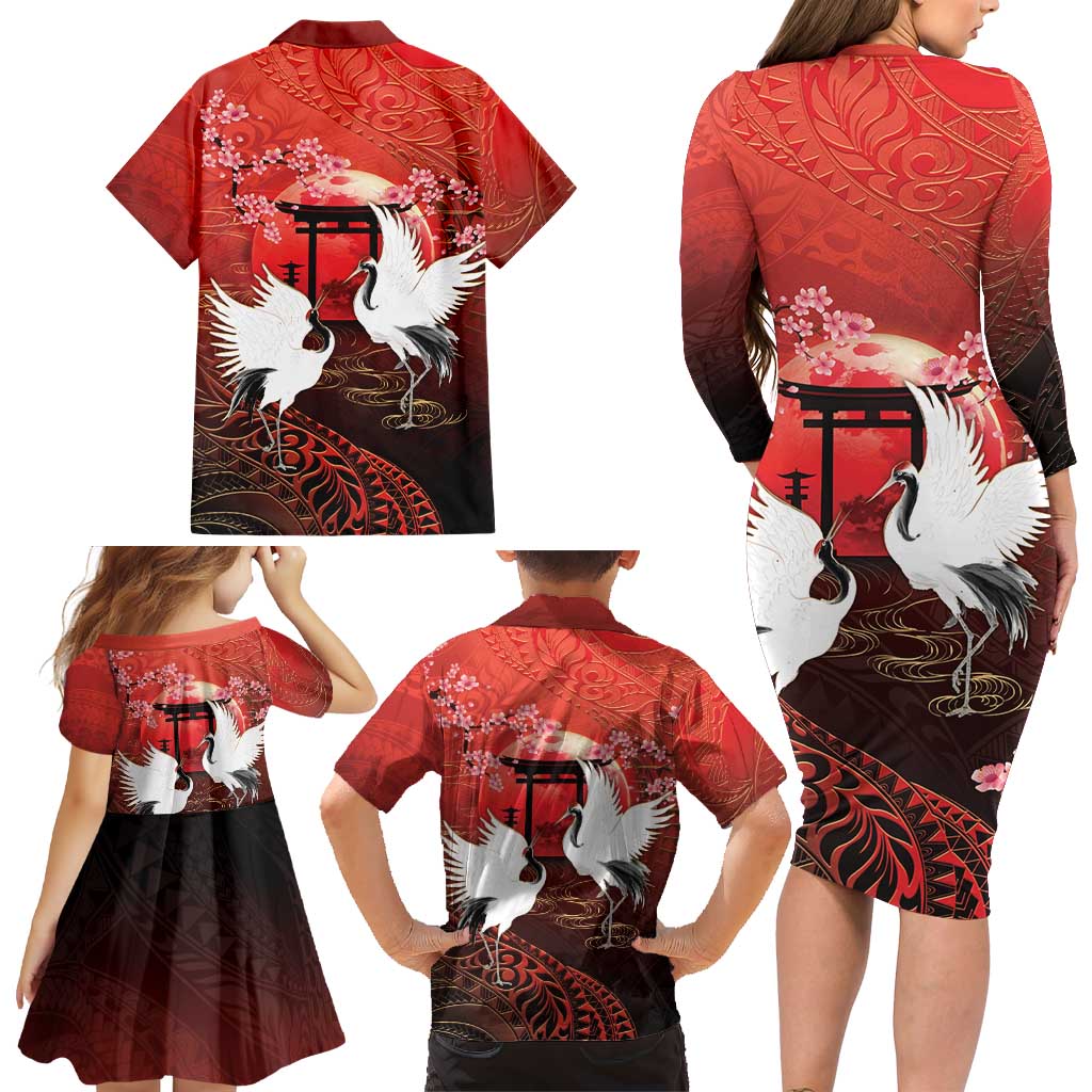 Hawaii and Japan Together Family Matching Long Sleeve Bodycon Dress and Hawaiian Shirt Polynesian Art Tattoo With Cranes And Sakura LT05 - Polynesian Pride