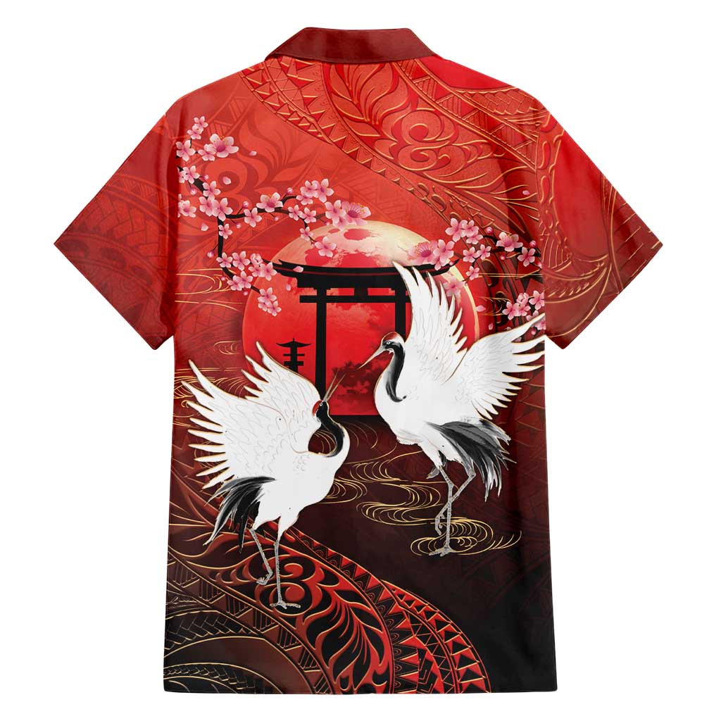 Hawaii and Japan Together Family Matching Long Sleeve Bodycon Dress and Hawaiian Shirt Polynesian Art Tattoo With Cranes And Sakura LT05 - Polynesian Pride