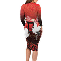Hawaii and Japan Together Family Matching Long Sleeve Bodycon Dress and Hawaiian Shirt Polynesian Art Tattoo With Cranes And Sakura LT05 - Polynesian Pride