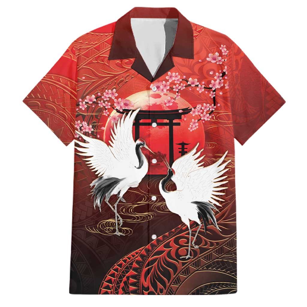 Hawaii and Japan Together Family Matching Mermaid Dress and Hawaiian Shirt Polynesian Art Tattoo With Cranes And Sakura LT05 Dad's Shirt - Short Sleeve Red - Polynesian Pride