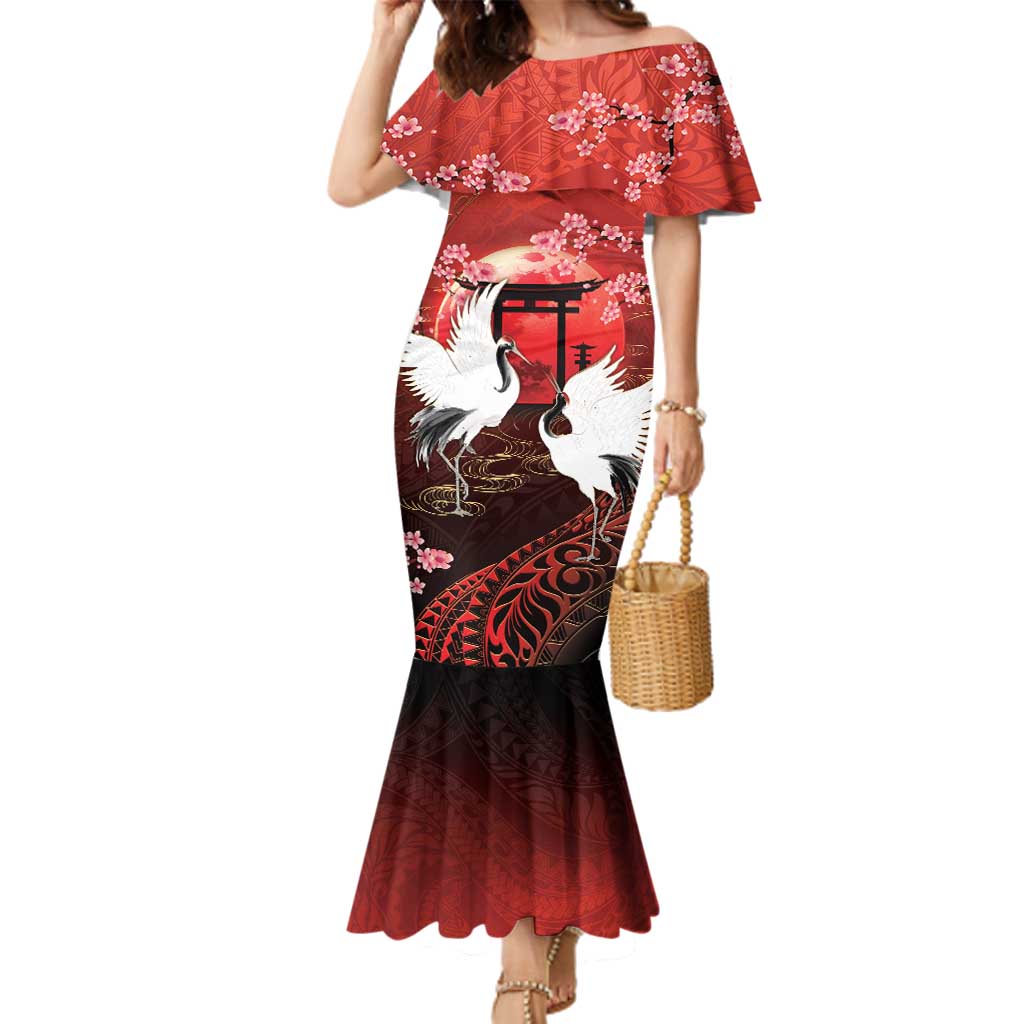 Hawaii and Japan Together Family Matching Mermaid Dress and Hawaiian Shirt Polynesian Art Tattoo With Cranes And Sakura LT05 Mom's Dress Red - Polynesian Pride