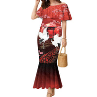 Hawaii and Japan Together Family Matching Mermaid Dress and Hawaiian Shirt Polynesian Art Tattoo With Cranes And Sakura LT05 Mom's Dress Red - Polynesian Pride