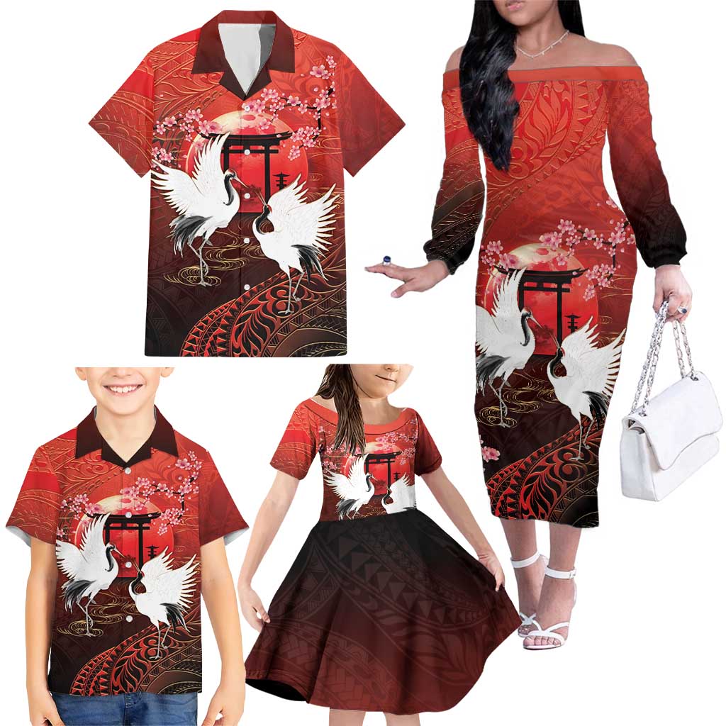 Hawaii and Japan Together Family Matching Off The Shoulder Long Sleeve Dress and Hawaiian Shirt Polynesian Art Tattoo With Cranes And Sakura LT05 - Polynesian Pride
