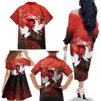 Hawaii and Japan Together Family Matching Off The Shoulder Long Sleeve Dress and Hawaiian Shirt Polynesian Art Tattoo With Cranes And Sakura LT05 - Polynesian Pride