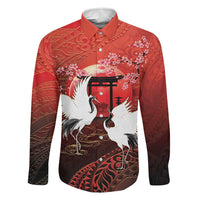Hawaii and Japan Together Family Matching Off The Shoulder Long Sleeve Dress and Hawaiian Shirt Polynesian Art Tattoo With Cranes And Sakura LT05 Dad's Shirt - Long Sleeve Red - Polynesian Pride