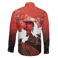 Hawaii and Japan Together Family Matching Off The Shoulder Long Sleeve Dress and Hawaiian Shirt Polynesian Art Tattoo With Cranes And Sakura LT05 - Polynesian Pride
