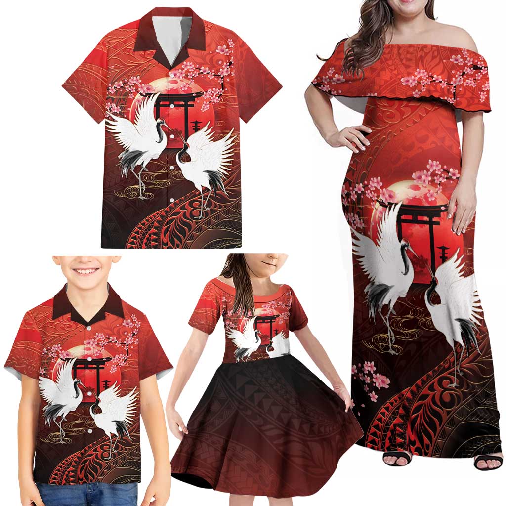 Hawaii and Japan Together Family Matching Off Shoulder Maxi Dress and Hawaiian Shirt Polynesian Art Tattoo With Cranes And Sakura LT05 - Polynesian Pride