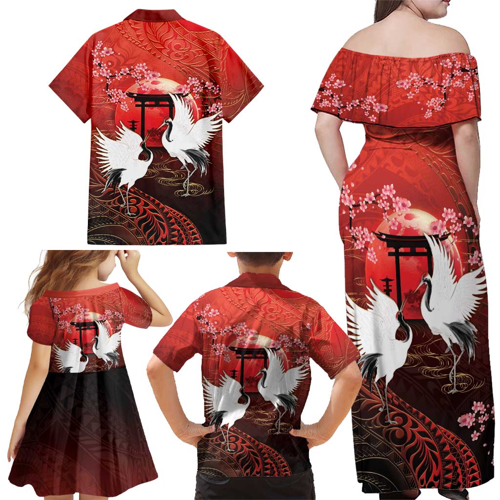 Hawaii and Japan Together Family Matching Off Shoulder Maxi Dress and Hawaiian Shirt Polynesian Art Tattoo With Cranes And Sakura LT05 - Polynesian Pride