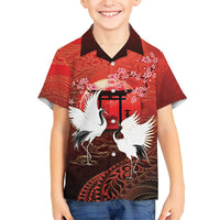 Hawaii and Japan Together Family Matching Off Shoulder Maxi Dress and Hawaiian Shirt Polynesian Art Tattoo With Cranes And Sakura LT05 Son's Shirt Red - Polynesian Pride