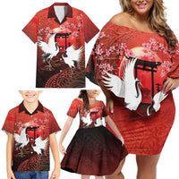 Hawaii and Japan Together Family Matching Off Shoulder Short Dress and Hawaiian Shirt Polynesian Art Tattoo With Cranes And Sakura LT05 - Polynesian Pride