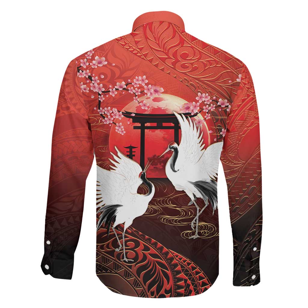 Hawaii and Japan Together Family Matching Off Shoulder Short Dress and Hawaiian Shirt Polynesian Art Tattoo With Cranes And Sakura LT05 - Polynesian Pride