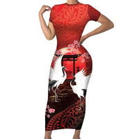 Hawaii and Japan Together Family Matching Short Sleeve Bodycon Dress and Hawaiian Shirt Polynesian Art Tattoo With Cranes And Sakura LT05 Mom's Dress Red - Polynesian Pride