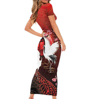 Hawaii and Japan Together Family Matching Short Sleeve Bodycon Dress and Hawaiian Shirt Polynesian Art Tattoo With Cranes And Sakura LT05 - Polynesian Pride