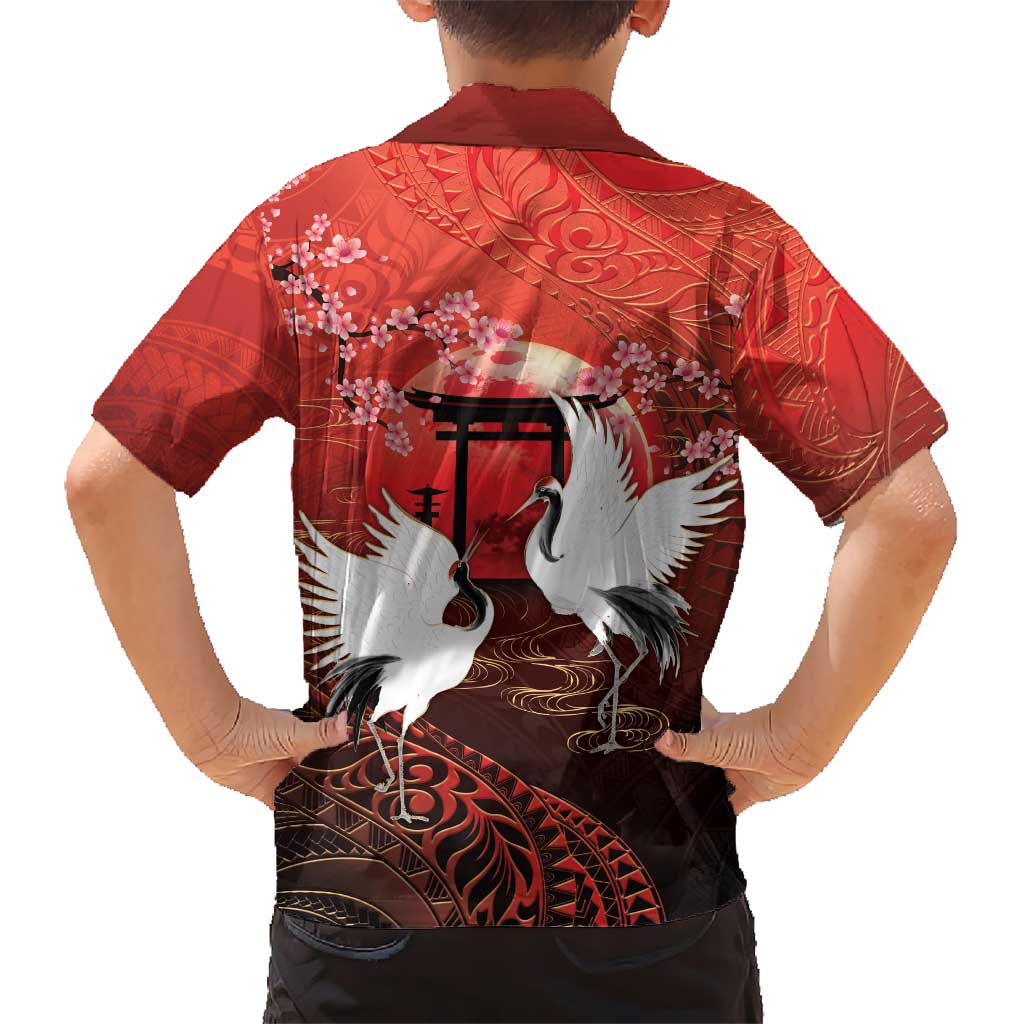 Hawaii and Japan Together Family Matching Summer Maxi Dress and Hawaiian Shirt Polynesian Art Tattoo With Cranes And Sakura LT05 - Polynesian Pride