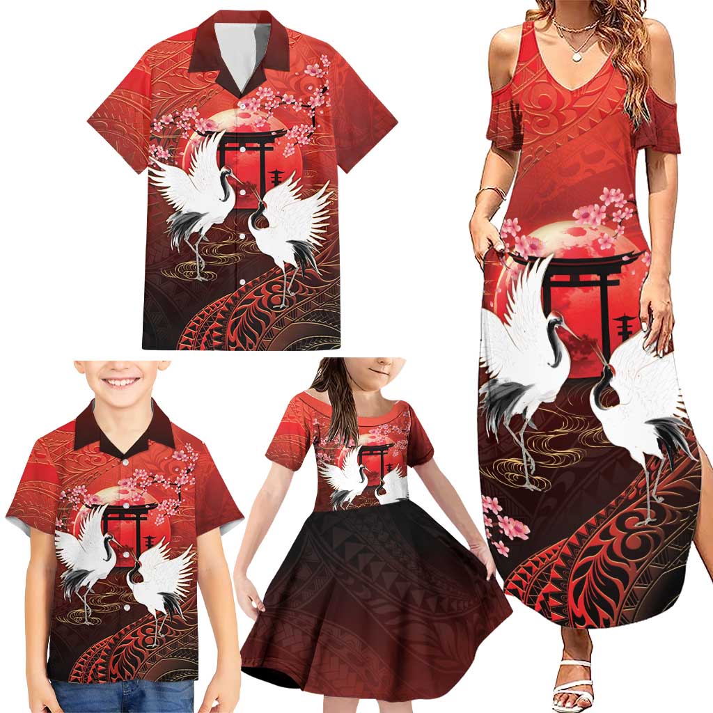 Hawaii and Japan Together Family Matching Summer Maxi Dress and Hawaiian Shirt Polynesian Art Tattoo With Cranes And Sakura LT05 - Polynesian Pride